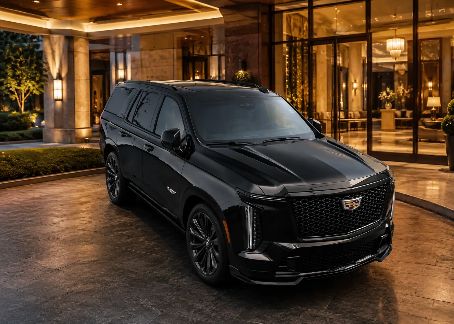 Black Cadillac Escalade SUV at a luxury hotel entrance with warm stone columns and polished marble driveway