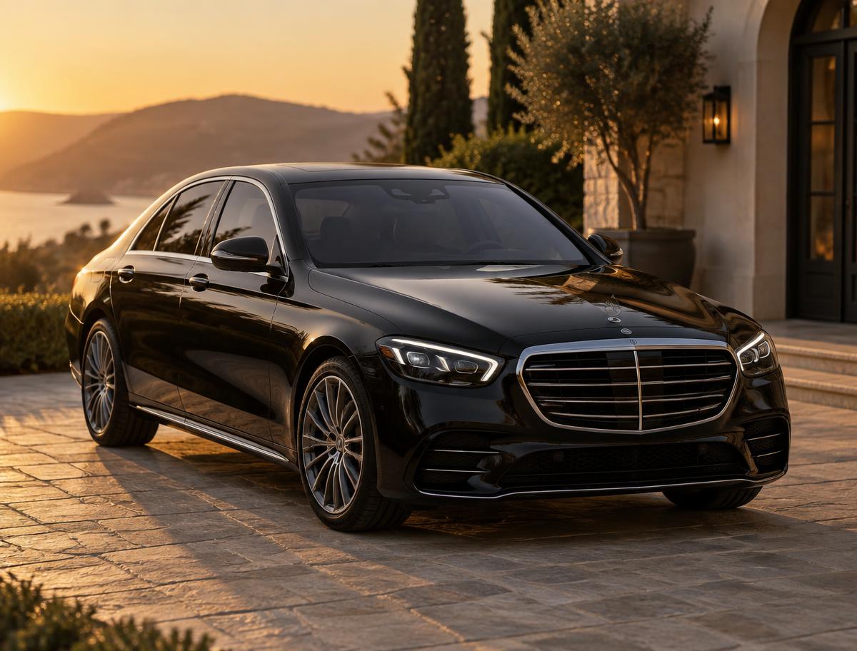 Black luxury sedan on a warm stone driveway at golden hour