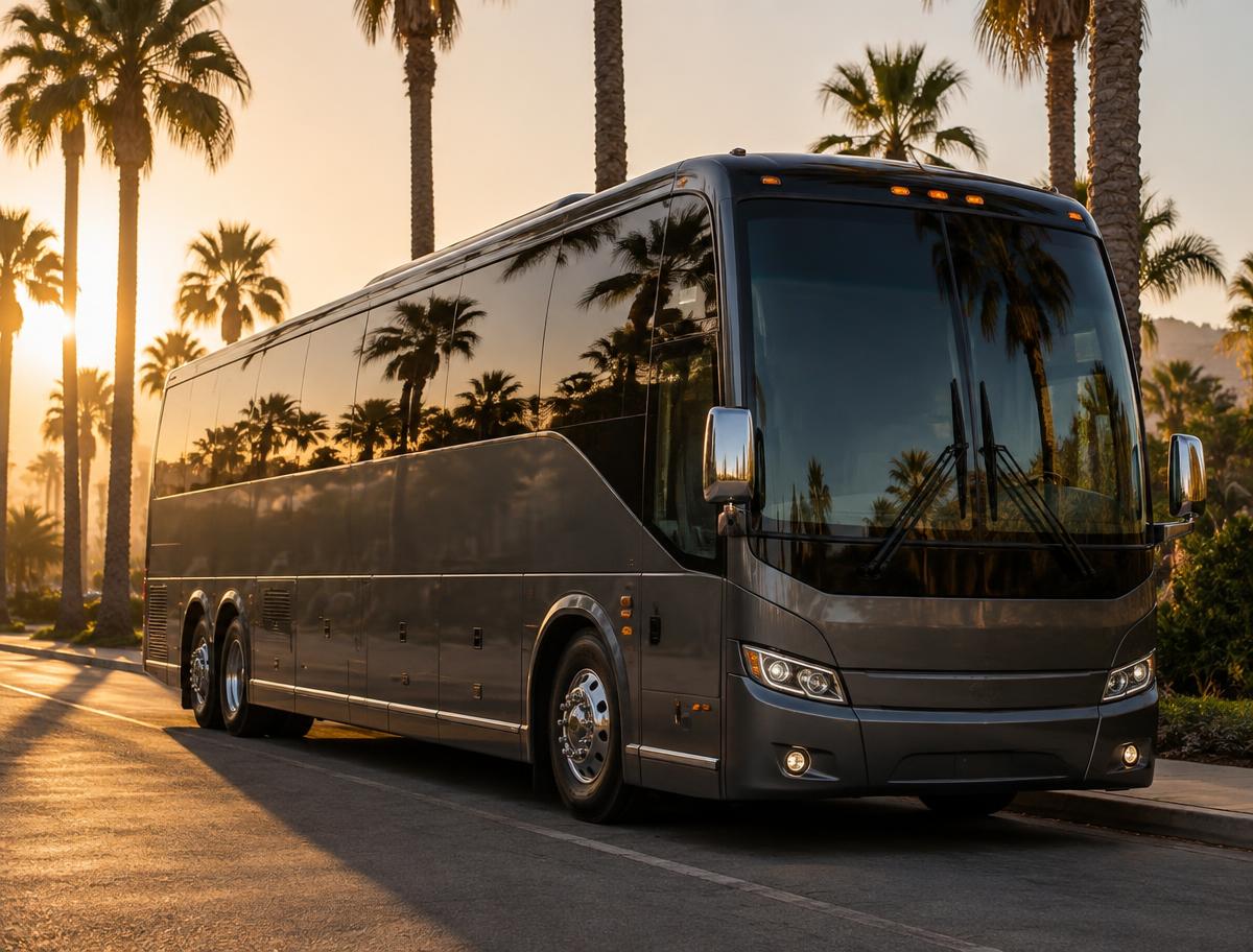 Dark grey luxury motorcoach on a palm-lined boulevard at golden hour