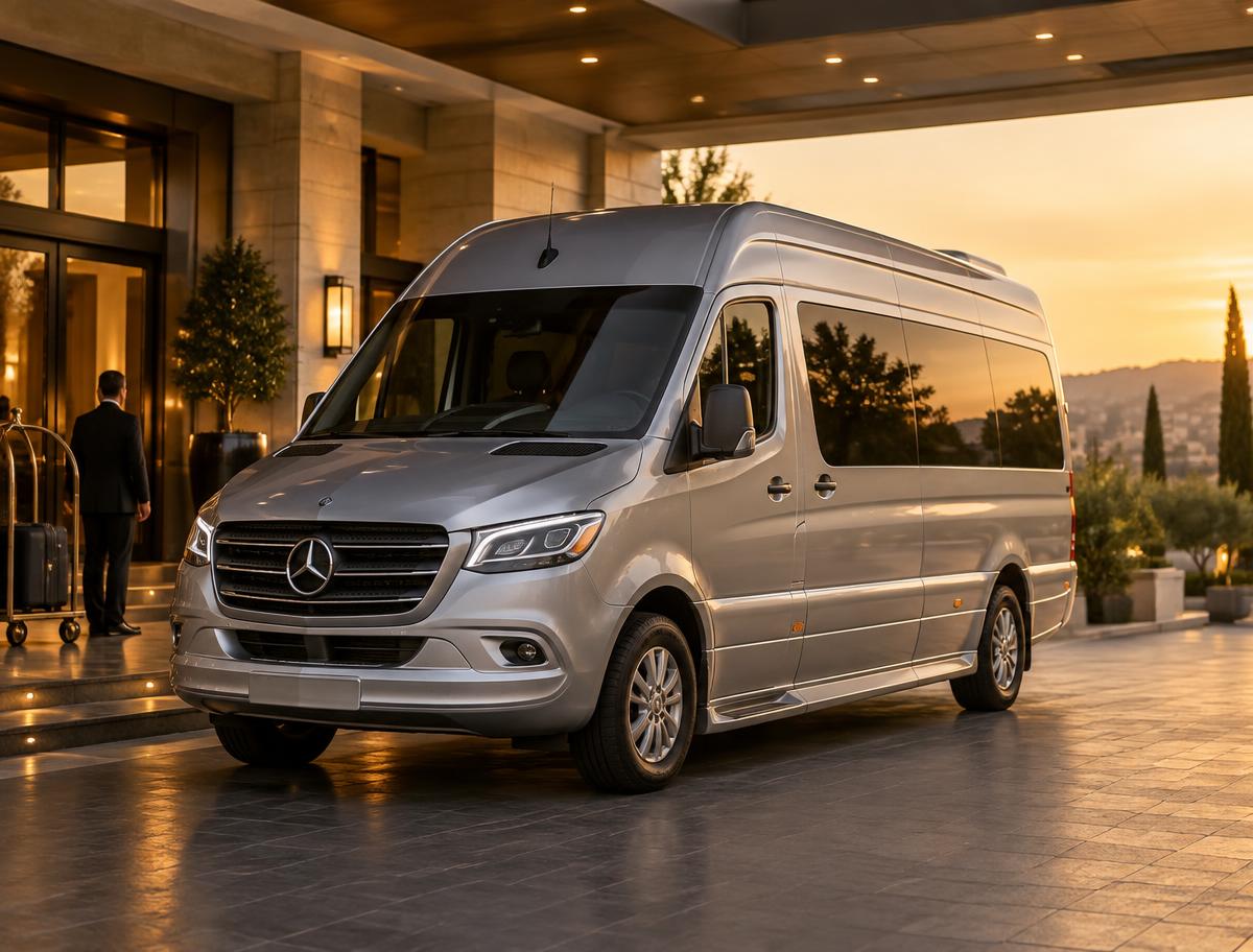 Silver Mercedes-Benz Sprinter passenger van at a hotel entrance in warm evening light