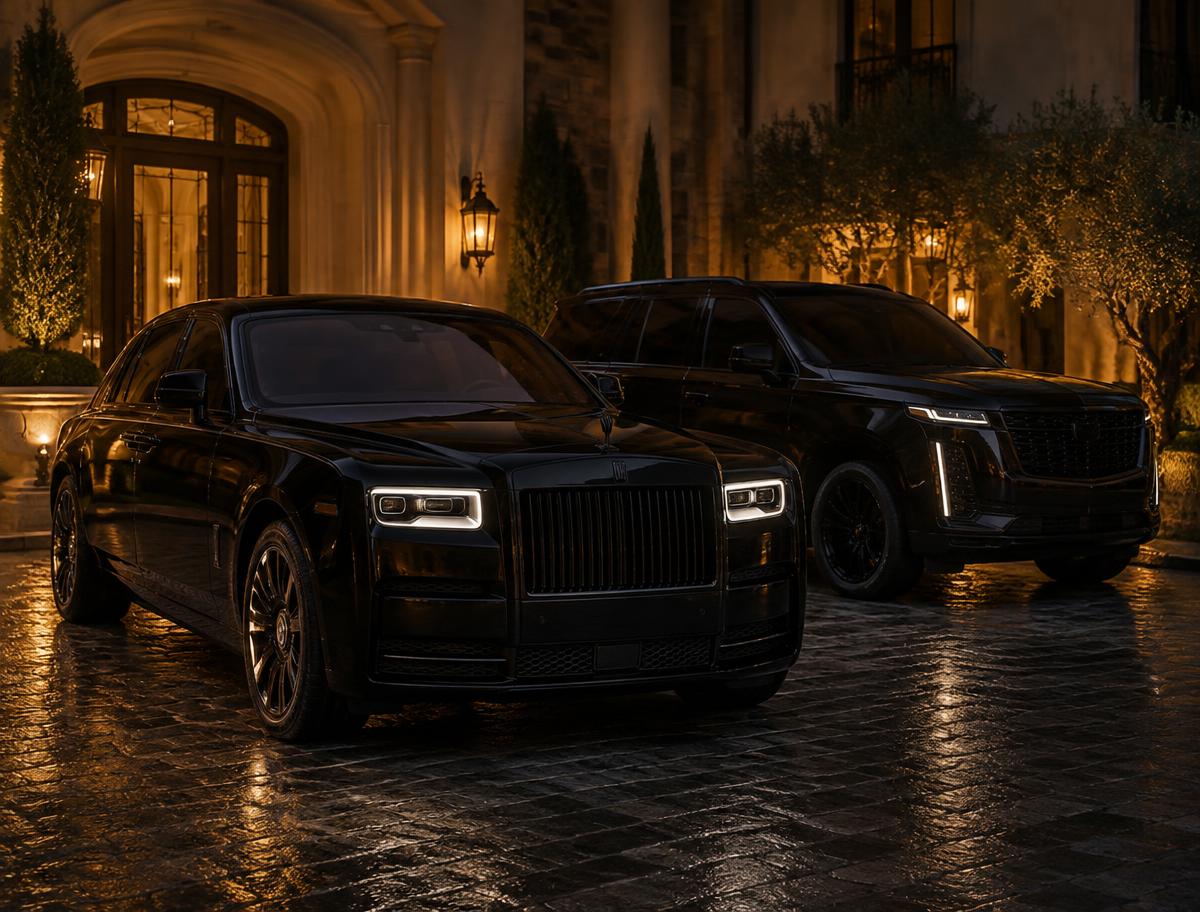Black Rolls-Royce saloon beside a blacked-out armored SUV outside an illuminated villa at night